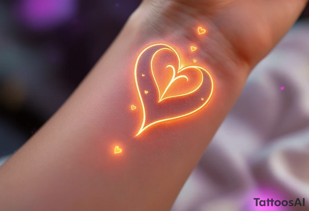 A symbol of rune of love in the shape of a heart, carved with clean, sharp edges. The design glows with a warm golden light, and the background features a lavender glow. Tiny hearts float around the symbol, representing infinite devotion. tattoo idea