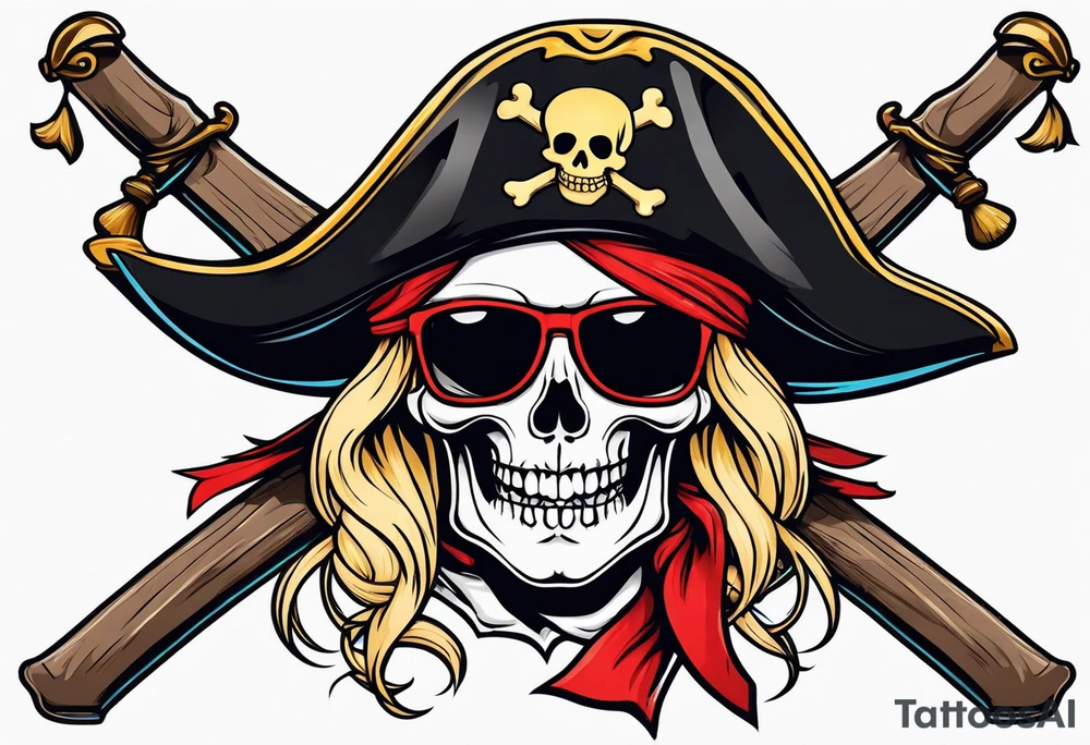 create a pirate flag with a feminine skull with two blonde pigtails and crossbones  wearing glasses tattoo idea