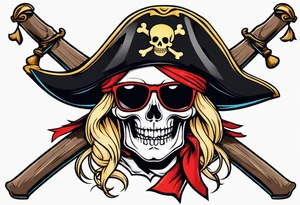 create a pirate flag with a feminine skull with two blonde pigtails and crossbones  wearing glasses tattoo idea