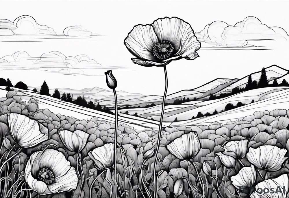 Lone  poppy growing out of boulder in distance tattoo idea