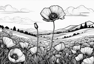 Lone  poppy growing out of boulder in distance tattoo idea