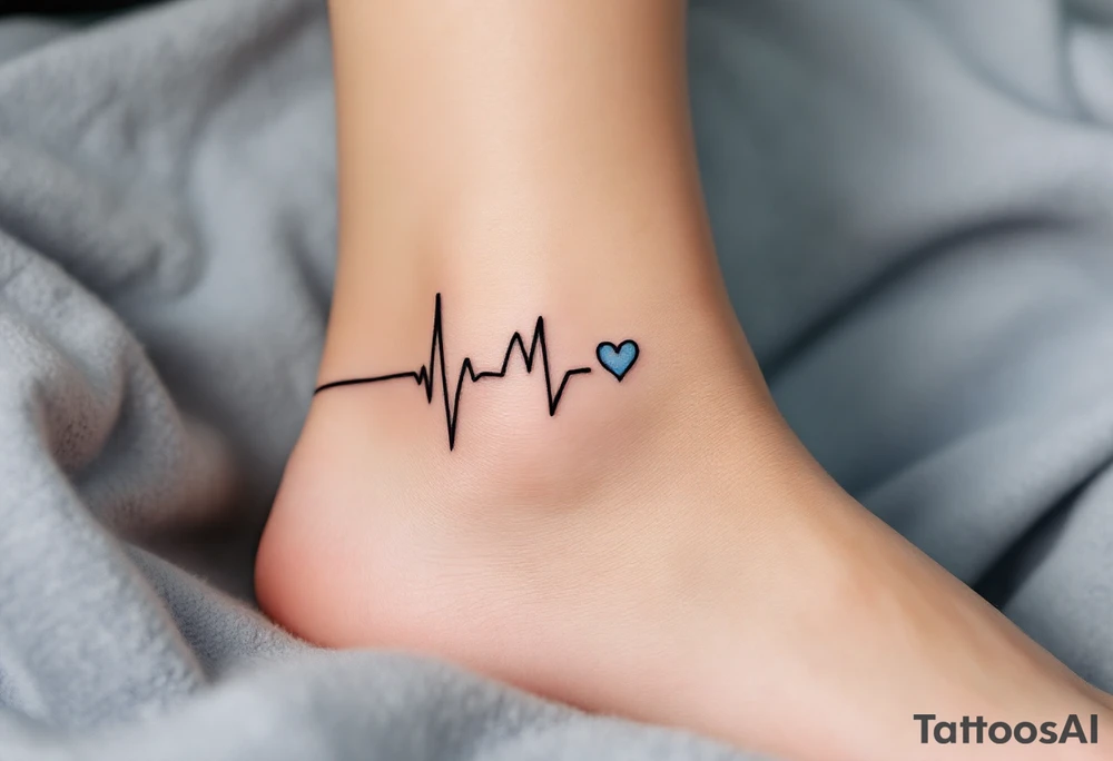 A subtle black EKG line wrapping around the ankle, punctuated by a small, blue heart. tattoo idea