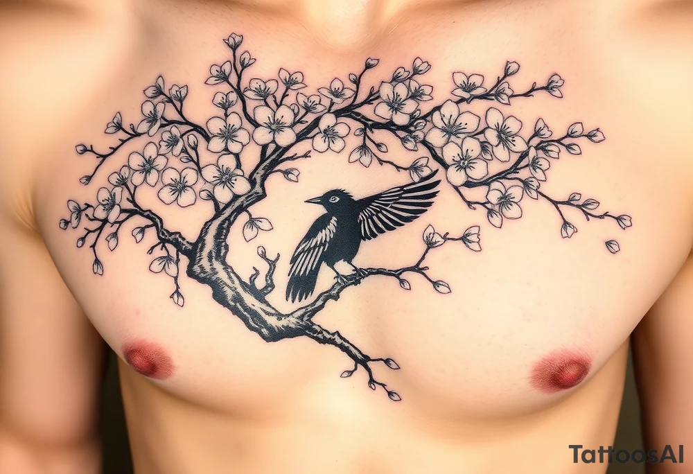 Japanese style cherry blossom complete tree with a raven in a branch tattoo idea