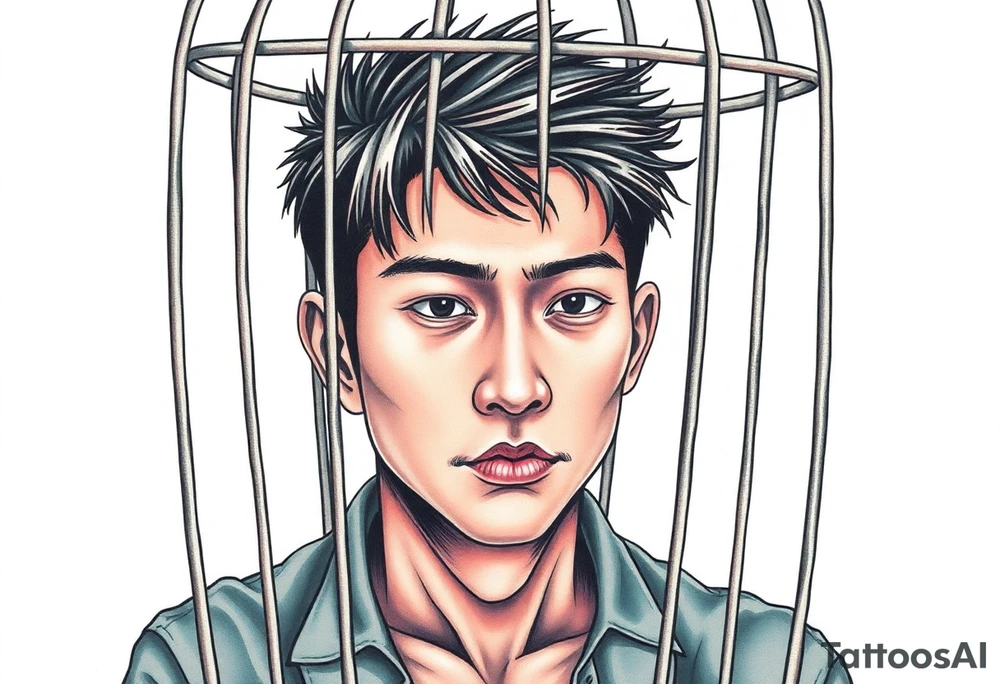Handsome Asian young guy in scary cage tattoo idea