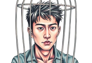 Handsome Asian young guy in scary cage tattoo idea