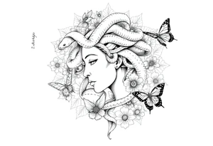Side portrait of Medusa with snake heads, flowers, butterflies and mandala background tattoo idea