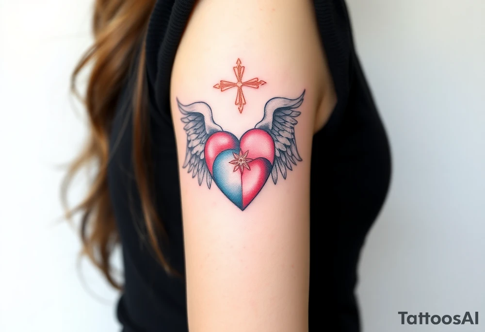 dainty catholic sacred heart with angel wings tattoo idea