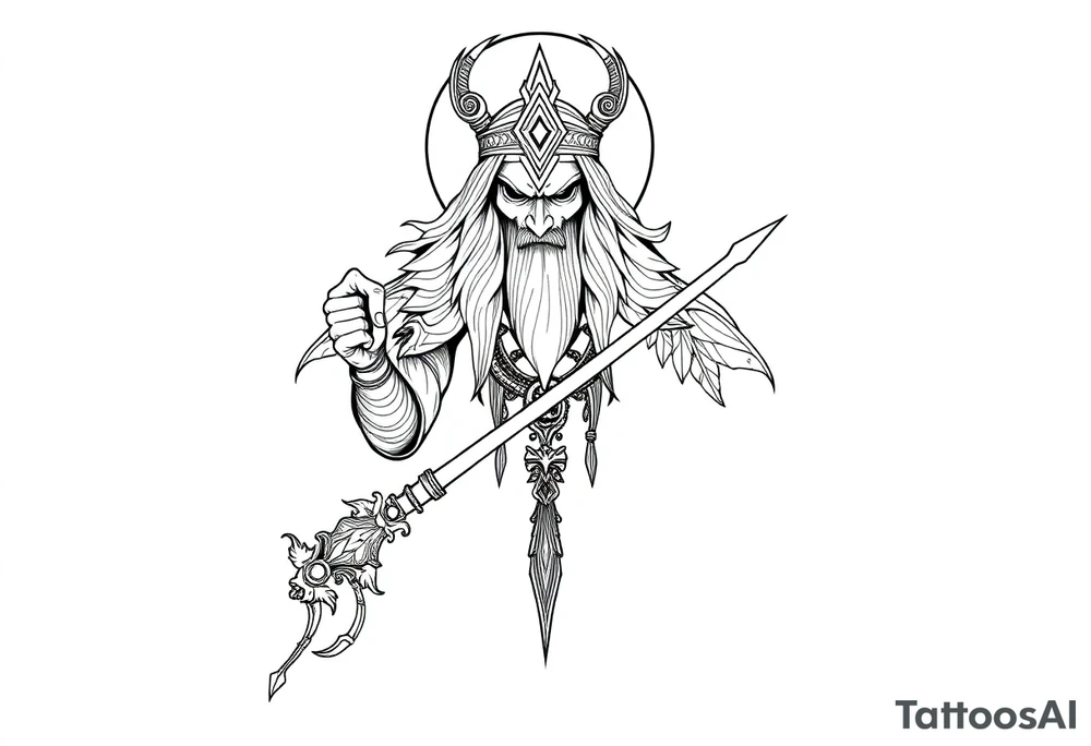 long shaman and witch  style mytical bold line with ancient rhyme tattoo idea
