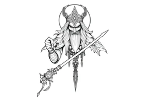 long shaman and witch  style mytical bold line with ancient rhyme tattoo idea