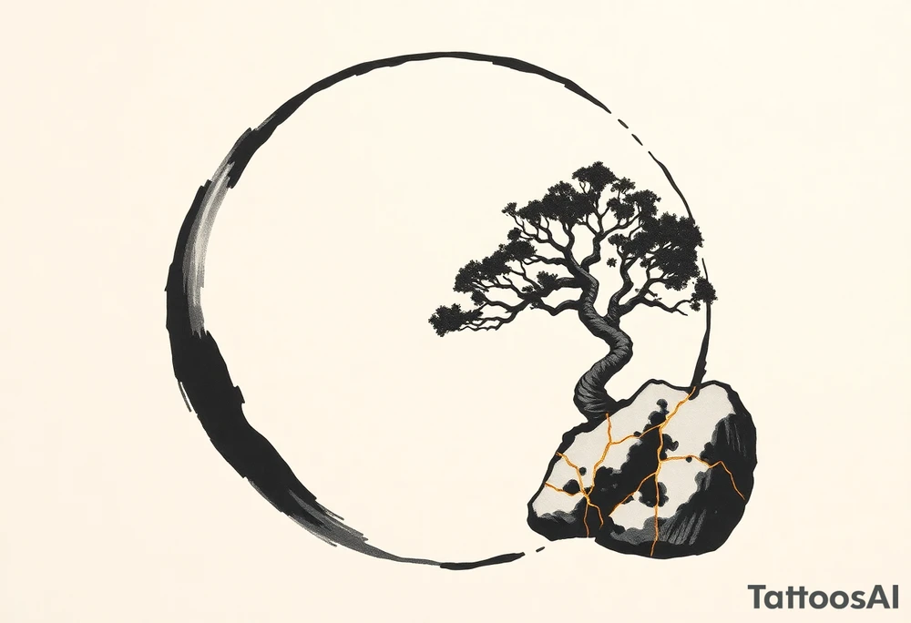 A Japanese‑inspired tattoo of a thick Zen ensō circle, drawn with a bold, hand‑painted black ink brushstroke. The circle is imperfect and organic, with visible texture and subtle variation in line thickness. About the last quarter of the circle, near the top‑right, transforms into a cracked ceramic segment that has been repaired using kintsugi: visible broken pieces outlined and joined by thin, flowing gold lines. There should be a couple big pieces of ceramic and no small ones. The circle and the ceramic part should have the same thickness. The gold seams follow the natural fractures of the ceramic section, creating several branching cracks rather than a single line, clearly distinguishing this repaired portion from the rest of the smooth ink circle. The transition from ink to ceramic should feel natural, as if the painted circle solidifies into a fragile object that has been lovingly mended. The ceramic shall seamlessly flow into a rock from which a tree of life sprouts. Design it as a black and gray tattoo with a subtle metallic gold effect on the kintsugi seams, suitable for a medium‑sized placement on the back of the bicep. tattoo idea