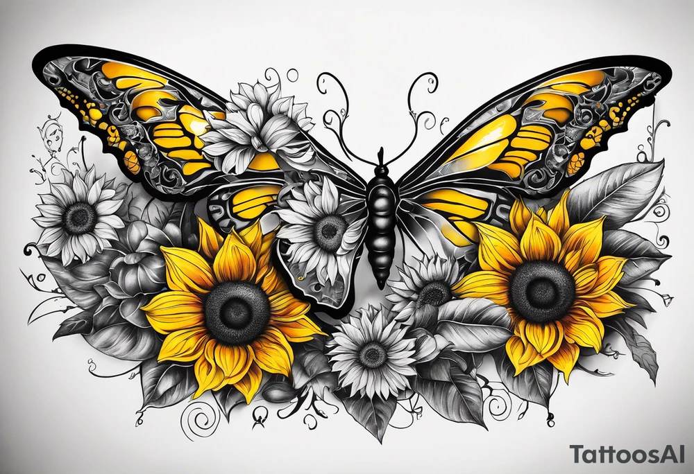 A beautiful blend of sunflowers bumblebee butterflies. They create a sexy and elegant design to run along the front of a woman's stomach. tattoo idea