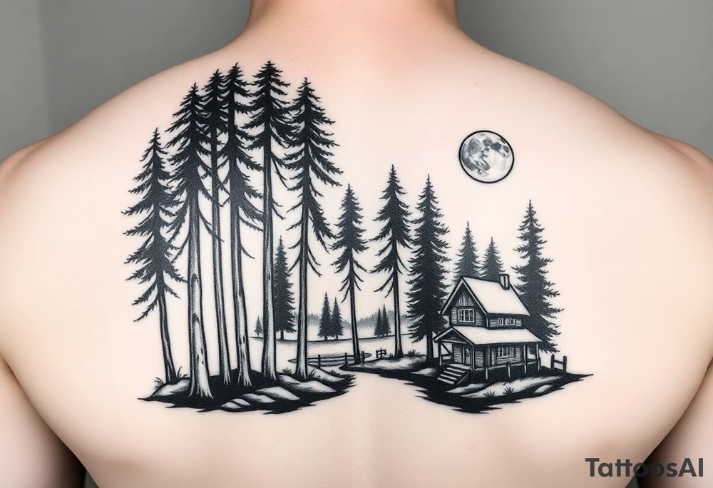 Black and white tattoo.  Tall trees in the woods surrounded by a lake.  With a cabin to the right front.  And a moon reflecting off the lake. tattoo idea