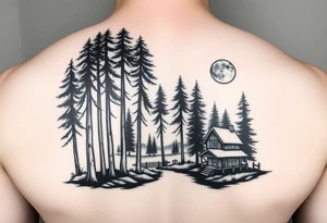 Black and white tattoo.  Tall trees in the woods surrounded by a lake.  With a cabin to the right front.  And a moon reflecting off the lake. tattoo idea