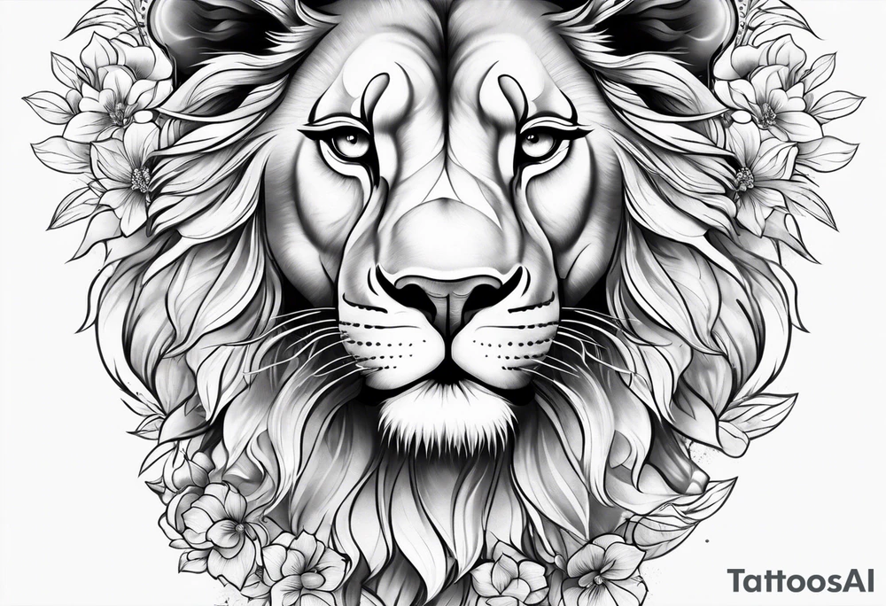 Lioness thigh tattoo with flowers tattoo idea