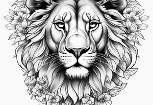 Lioness thigh tattoo with flowers tattoo idea