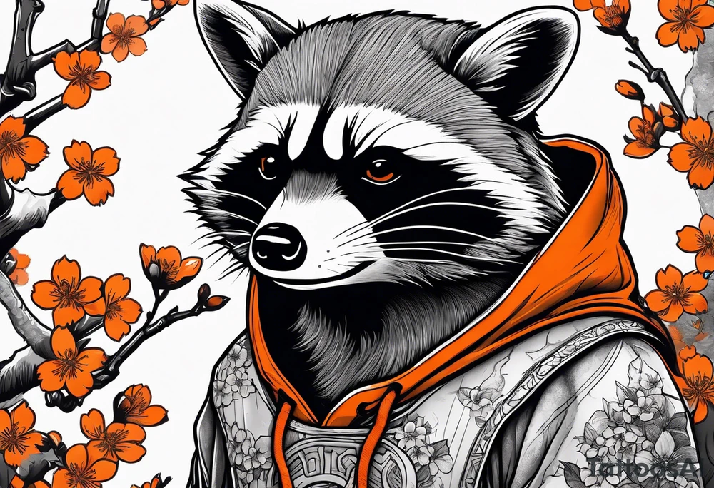 raccoon wearing a Superman hoodie with orange Japanese cherry blossoms tattoo idea
