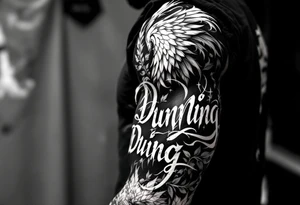 Dunning,on left arm details include angel wing, greek type of font,jungle leaves , tiger claw scratch tattoo idea