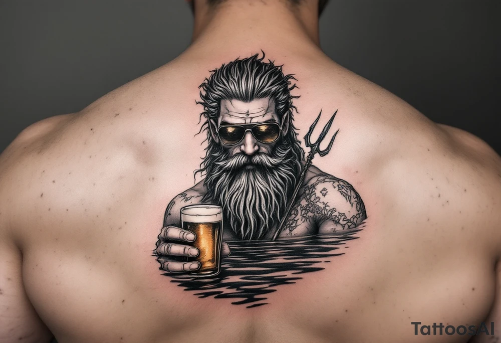 poseidon with trident half way in calm water with a beer and sunglasses tattoo idea