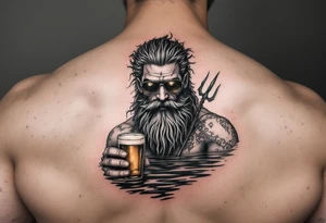 poseidon with trident half way in calm water with a beer and sunglasses tattoo idea