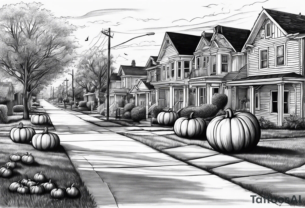 Neighborhood street in fall with Halloween pumpkin tattoo idea
