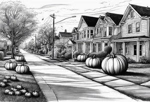 Neighborhood street in fall with Halloween pumpkin tattoo idea