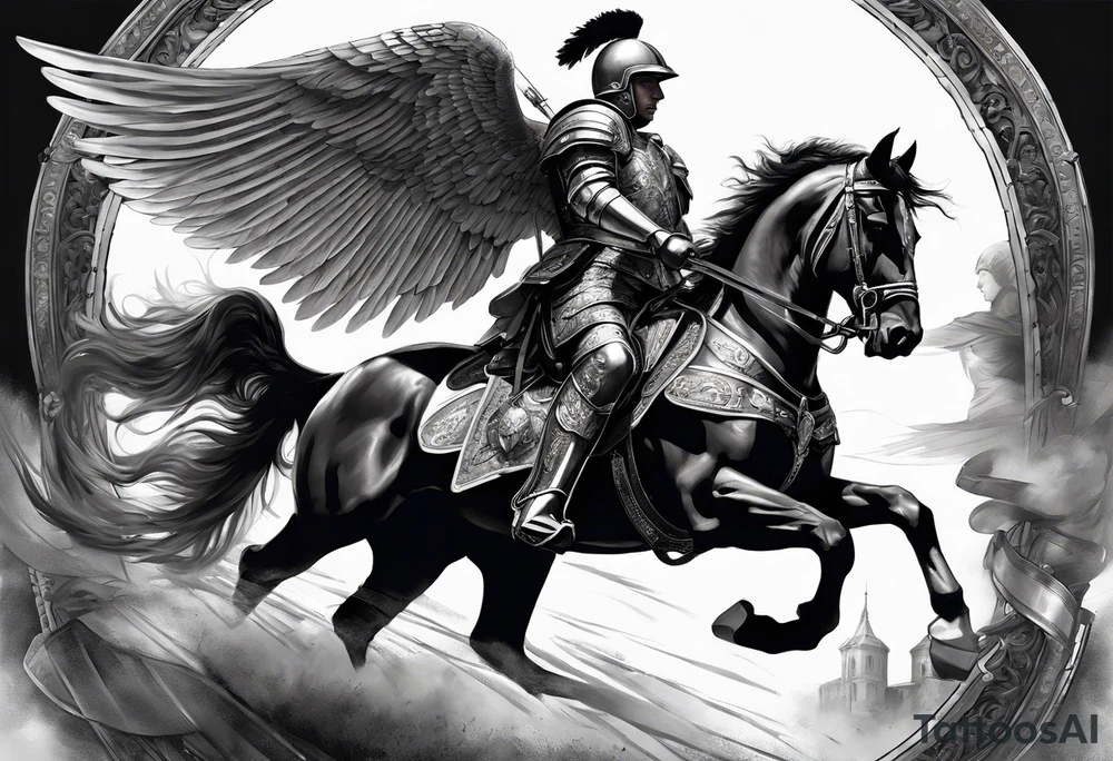 **Main Theme**: A Hussar on horseback in full armor, dynamically portrayed in the middle of a charge. The Hussar's wings are clearly visible, adding dynamics to the composition.
   - Archangel Michael positioned in the background, with a raised sword ready for battle, armed with a shield.
   - The Hussar is holding a banner showcasing the White Eagle.
   - Elements of the Arch tattoo idea