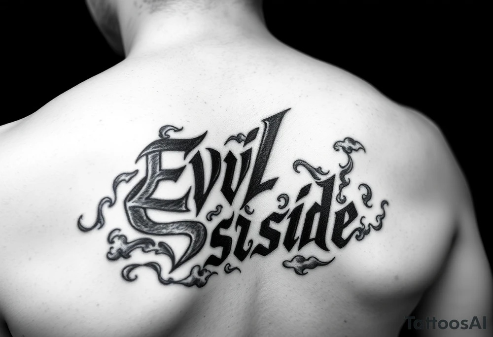 Tattoo saying Evil Side. black and white . Gangsta shaded outside letters smoke clouds shading tattoo idea