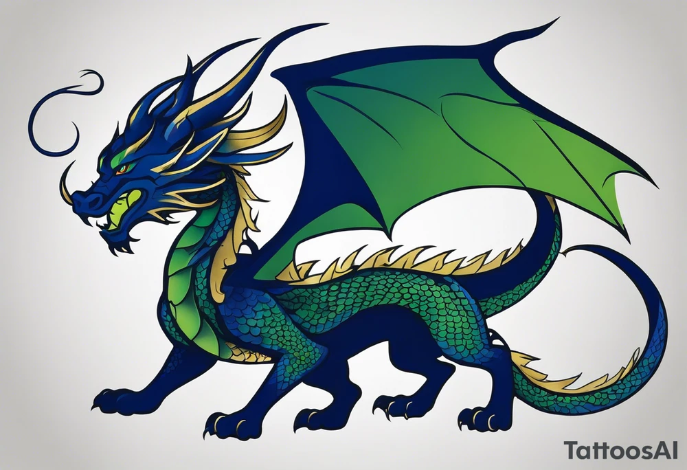 Minimalist Tattoo: An epic with no wings, floating. Its long body coiling dynamically, with scales and horns detailed to create a sense of movement and strength. The dragon's main color is midnight blue but features little accents in green, blue, and gold, giving a vibrant depth and a mystical aura. This tattoo highlights the dragon’s fierce expression and sharp claws as it wraps protectively around the leg. Style: Minimalist tattoo idea