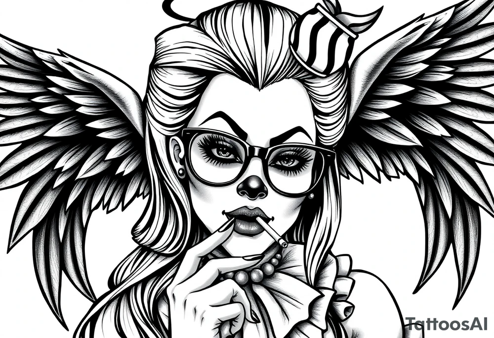 beautiful long hair pin up Clown Girl thug eyeglasses  angelic wings smoking a cigarette tattoo idea
