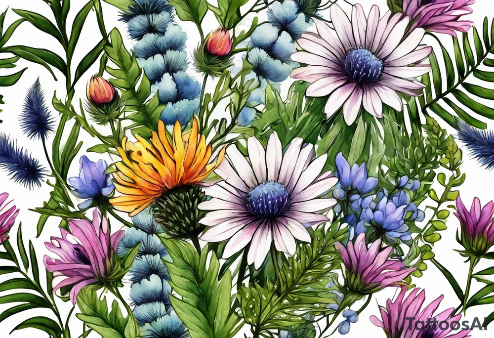 small vertical mixed wildflower bouquet with ferns, thistle and with watercolor tattoo idea