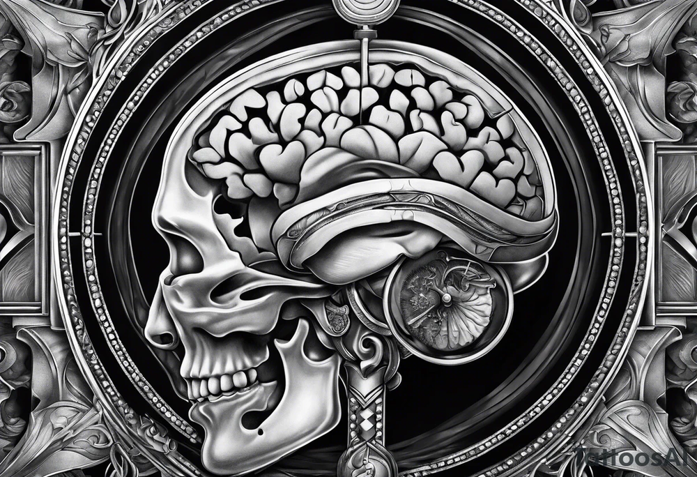 Anatomical brain in media sagittal section inside hourglass tattoo idea