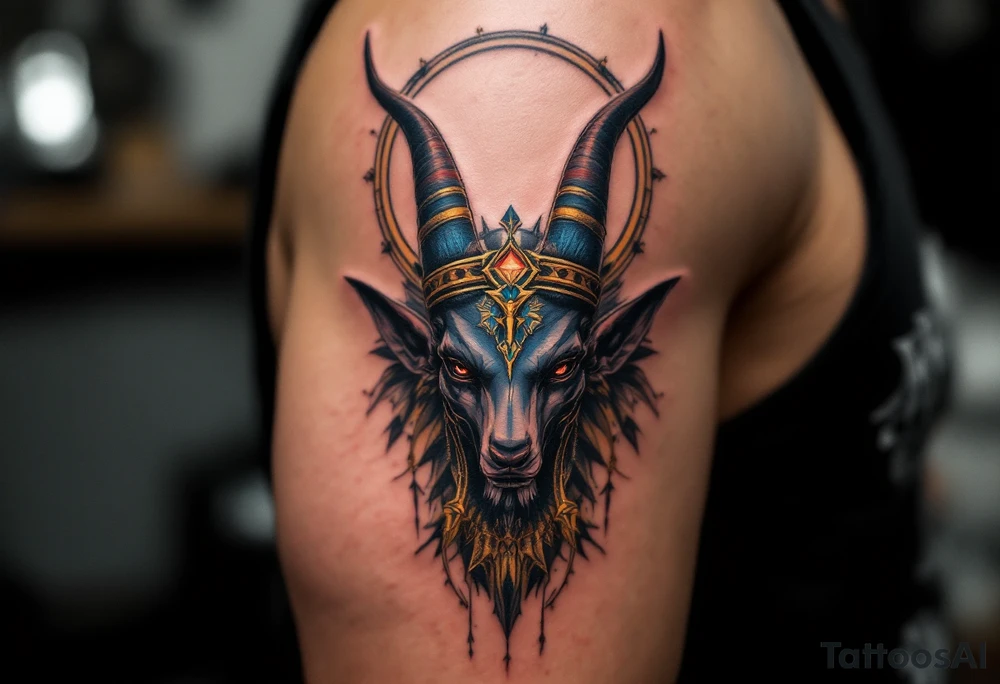 An Anubis with a Halo - Blending Egyptian mythology with Christian spirituality (only red , blue and black are possible colors) tattoo idea