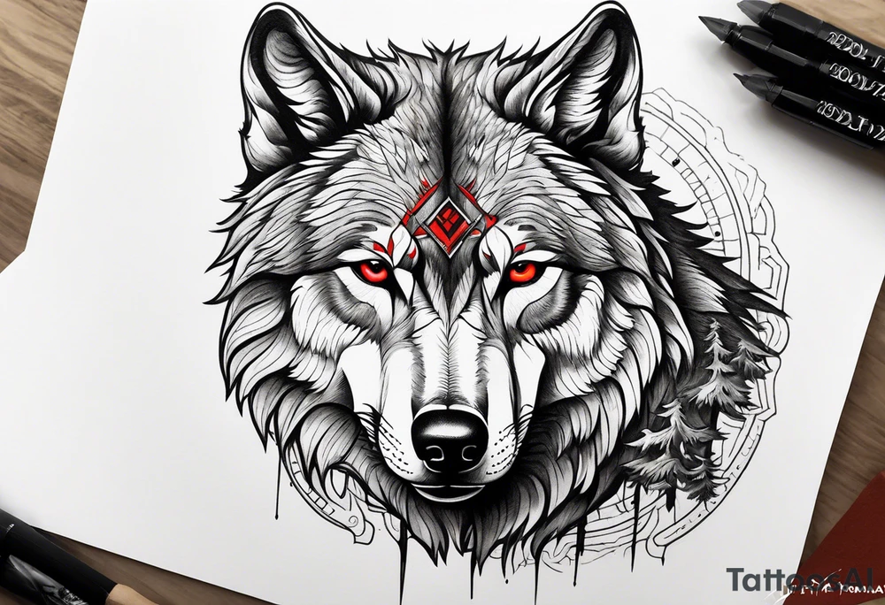 wolf with red eyes
date 13/02/2022 in roman numerals
forest background tattoo idea