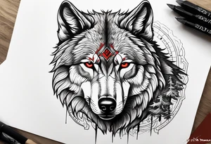 wolf with red eyes
date 13/02/2022 in roman numerals
forest background tattoo idea