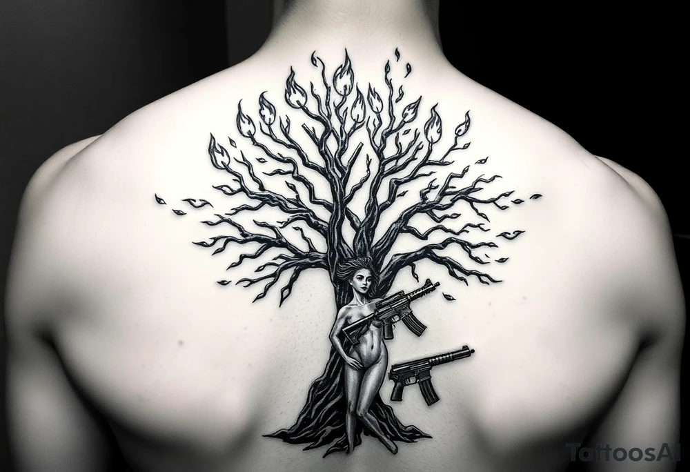 burning tree of life with firearms scattered and nude woman tattoo idea