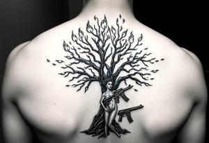burning tree of life with firearms scattered and nude woman tattoo idea