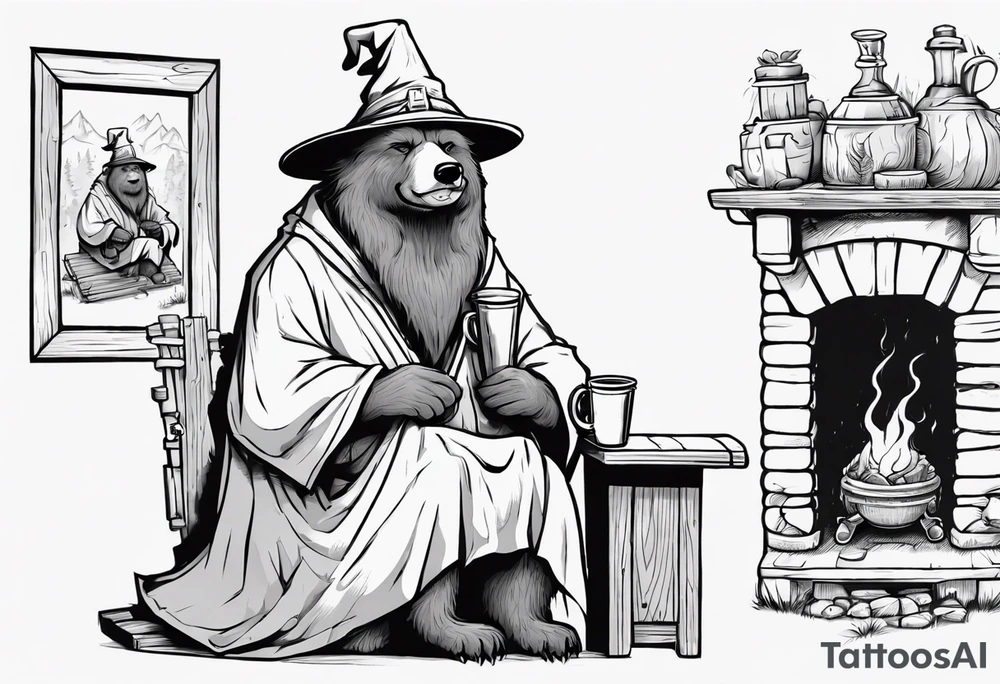a medieval dog-bear hybrid with a long grey beard wearing a tunic and a floppy hat sitting on a bench by a fireplace drinking from a wood cup, smiling tattoo idea