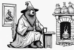 a medieval dog-bear hybrid with a long grey beard wearing a tunic and a floppy hat sitting on a bench by a fireplace drinking from a wood cup, smiling tattoo idea
