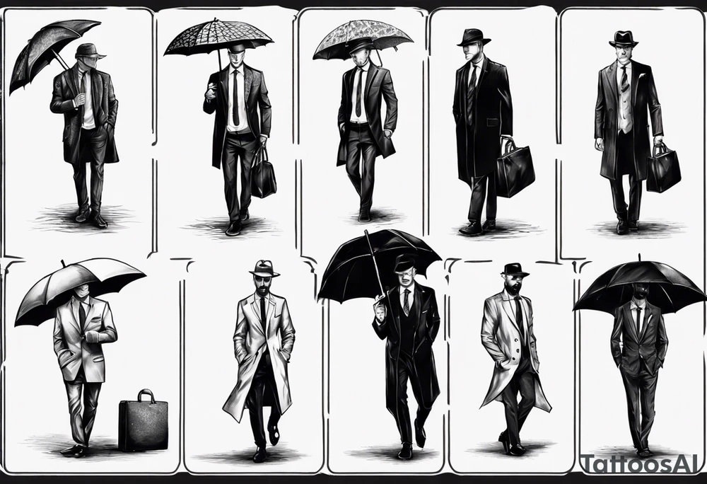 A man wearing a suit and an overcoat holding an umbrella tattoo idea
