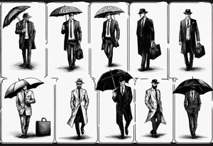 A man wearing a suit and an overcoat holding an umbrella tattoo idea