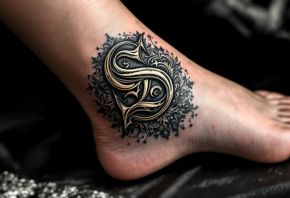 A black and gold "S" designed like an ancient monogram with regal details. tattoo idea