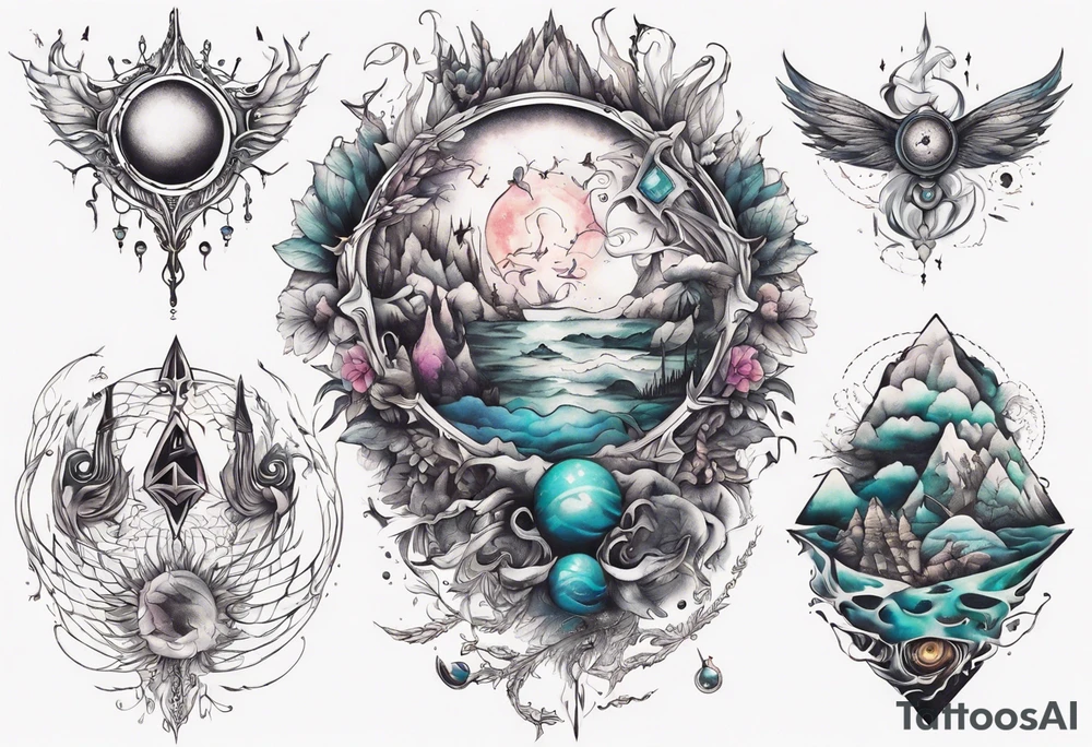 Design a surreal or dreamlike tattoo to cover my chest. Include elements that evoke a sense of fantasy and imagination, creating a captivating and otherworldly design. tattoo idea