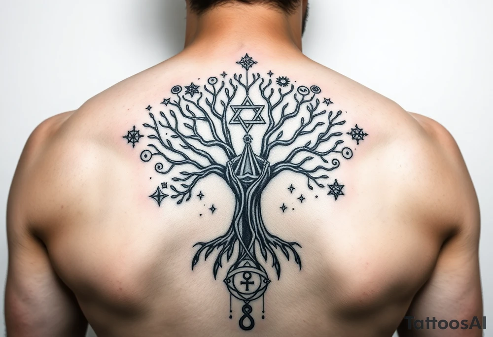 geometrical mystical tree of life with the star of David and cross cosmic roots and celestial symbols branches with HIV-positive symbol at bottom tattoo idea