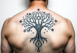 geometrical mystical tree of life with the star of David and cross cosmic roots and celestial symbols branches with HIV-positive symbol at bottom tattoo idea