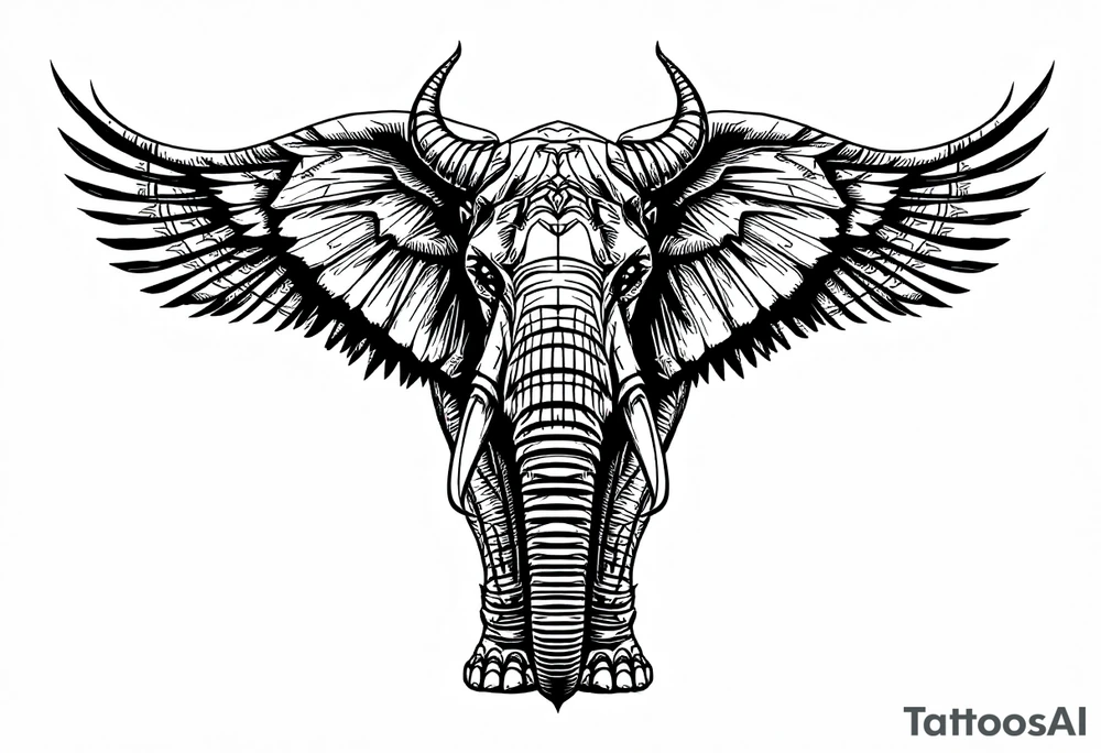 A hieroglyphic, depicting an ancient and gargantuan African elephant with horns protruding from its forehead and wings that resemble that of a falcons tattoo idea