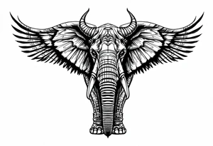 A hieroglyphic, depicting an ancient and gargantuan African elephant with horns protruding from its forehead and wings that resemble that of a falcons tattoo idea