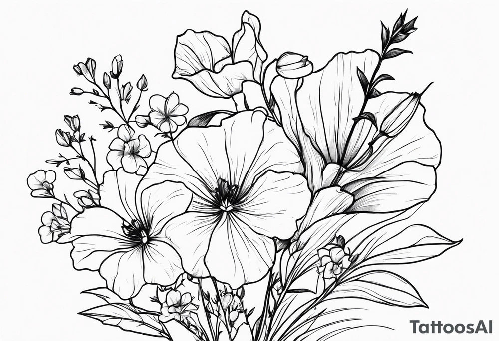 a long flower bouquet including sweet pea, larkspur, morning glory and cosmos tattoo idea