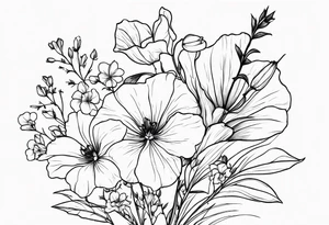 a long flower bouquet including sweet pea, larkspur, morning glory and cosmos tattoo idea