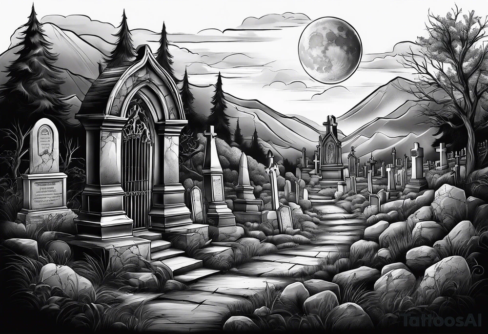 Cemetery on hills with smoke and moon tattoo idea