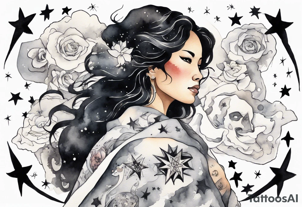a watercolor of a beautiful 40-year-old latina woman wearing black and white cloak surrounded by the stars tattoo idea